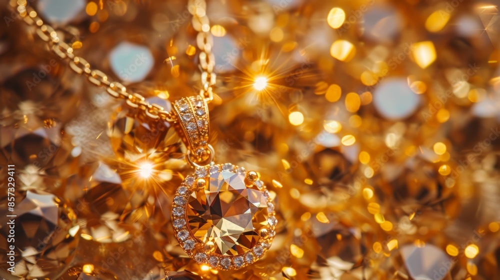 A sparkling diamond pendant on a gold necklace amidst a glittering golden background A sparkling diamond pendant on a gold necklace amidst a glittering golden background