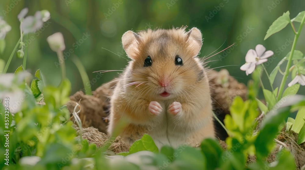 Fototapeta premium A Curious Hamster Among Spring Blossoms