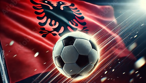 A football in motion with the Albanian flag in the background, featuring red and black colors. Football and national flag