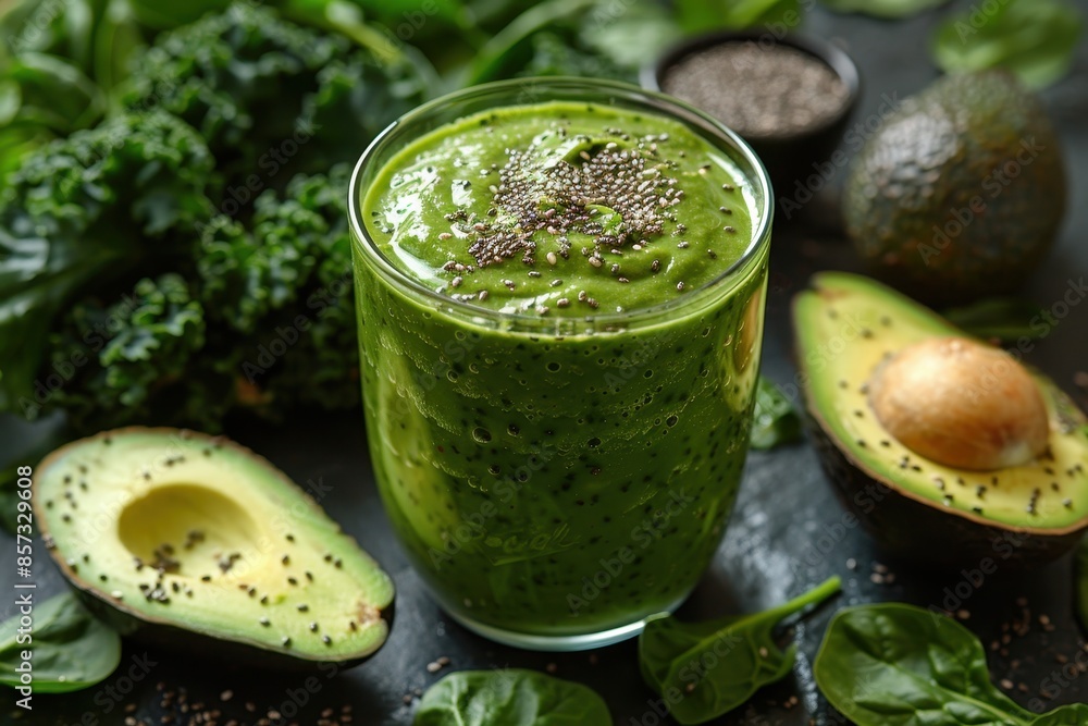 A healthy green smoothie in a glass jar, made with spinach, kale, banana, and avocado, topped with chia seeds. A healthy green smoothie in a glass jar, made with spinach, kale, banana, and avocado, topped with chia seeds.