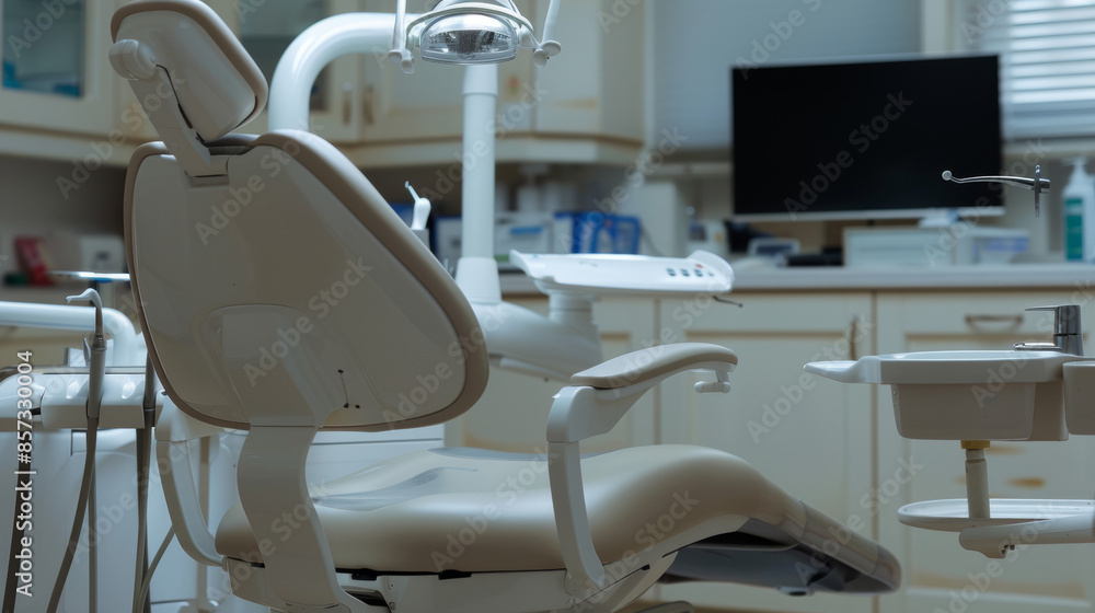 Professional, realistic photograph of a dental office, pristine dental chair, sterile environment Professional, realistic photograph of a dental office, pristine dental chair, sterile environment