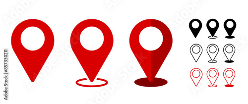 Location Pin Vector, GPS, Map Position Marker, Flat design and Outline elements, Red, Black (Editable)