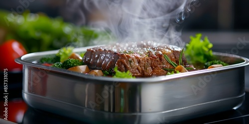 Sous vide cookers ensure precise cooking for consistently tender evenly cooked meals. Concept Sous Vide Cooking, Precise Temperature Control, Tender Meat, Even Cooking, Gourmet Meals photo