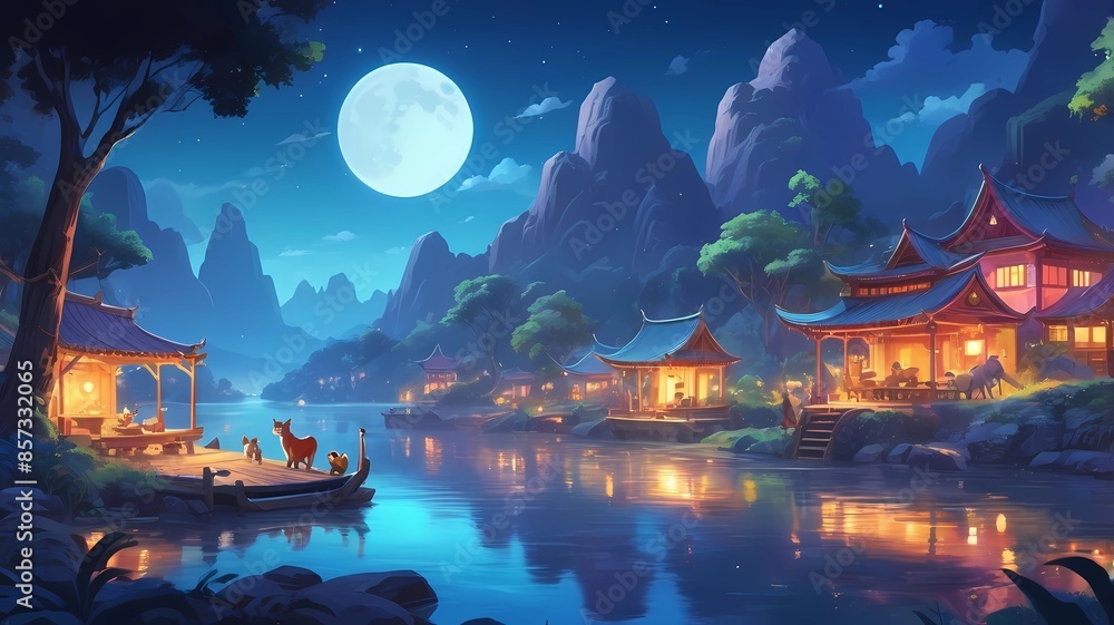Obraz premium at night in a village, with various kinds of animals, humans, river, mountain, moon, beautiful glow, raft nuances and beautiful mountain views, Generative AI
