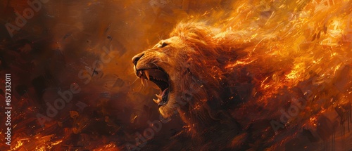 Lion roaring with explosive flames surrounding, capturing powerful and dramatic presence photo