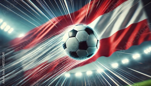 A football in motion with the Austrian flag in the background, featuring red and white colors. Football and national flag
