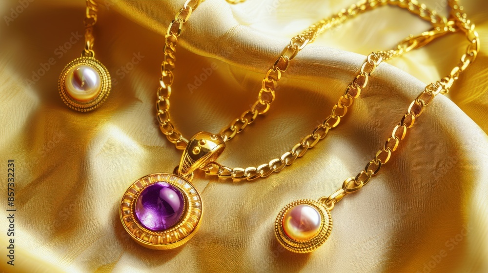 Elegant gold jewelry with gemstones on a silky fabric Elegant gold jewelry with gemstones on a silky fabric