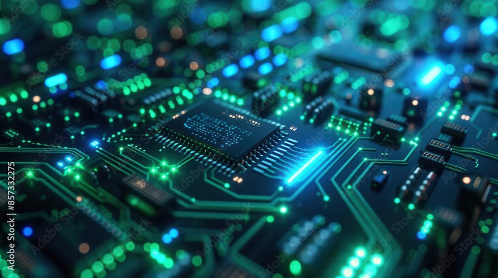 Futuristic digital circuit, abstract design, glowing blue and green, closeup, neon hues, complex patterns, hightech cyberspace feel Futuristic digital circuit, abstract design, glowing blue and green, closeup, neon hues, complex patterns, hightech cyberspace feel