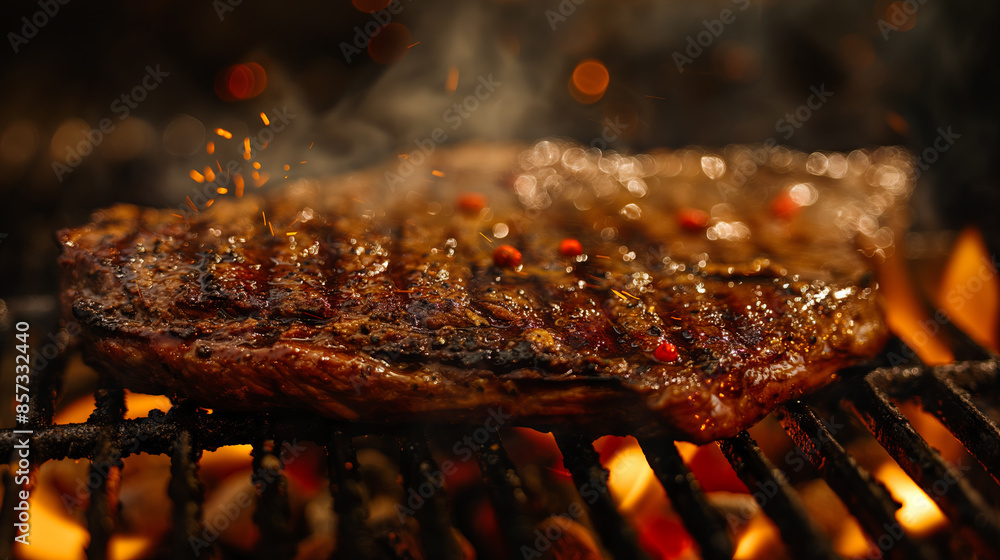 Brisket steak grilling on a flaming grill Brisket steak grilling on a flaming grill