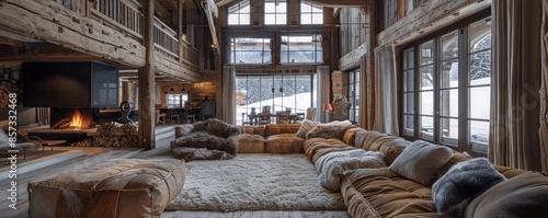 Cozy alpine ski chalet with exposed beams.