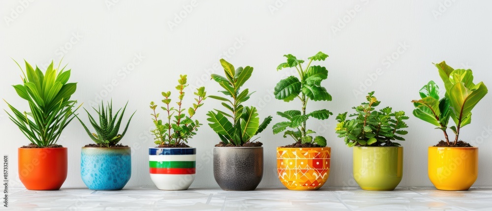 Long of diverse plants in modern pots with world flags Long of diverse plants in modern pots with world flags