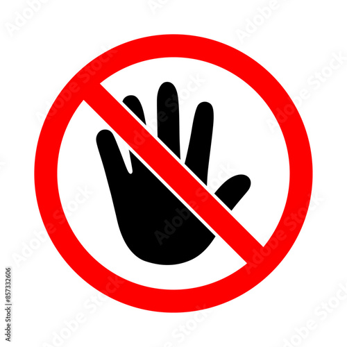 Stop hand or no entry area sign red prohibited ban symbol in red and black color vector illustration. Stop sign. No entry. Black arm in a red crossed circle. Stop hand symbol for prohibited activities