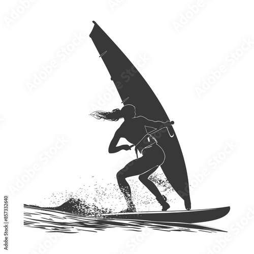 Windsurfer Silhouette: Female Athlete, Hair in Motion, Water Splash, Extreme Sport.