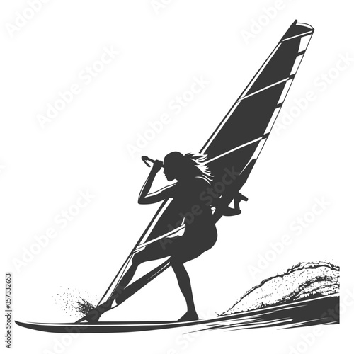 Windsurfer Silhouette: Woman Riding Wave, Graphic Vector.