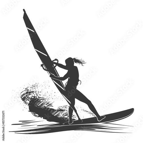Windsurf Silhouette: Active Woman Surfing with Brushstroke Water Detail.