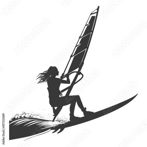 Windsurfer Silhouette: Woman Riding Wave, Graphic Black and White.