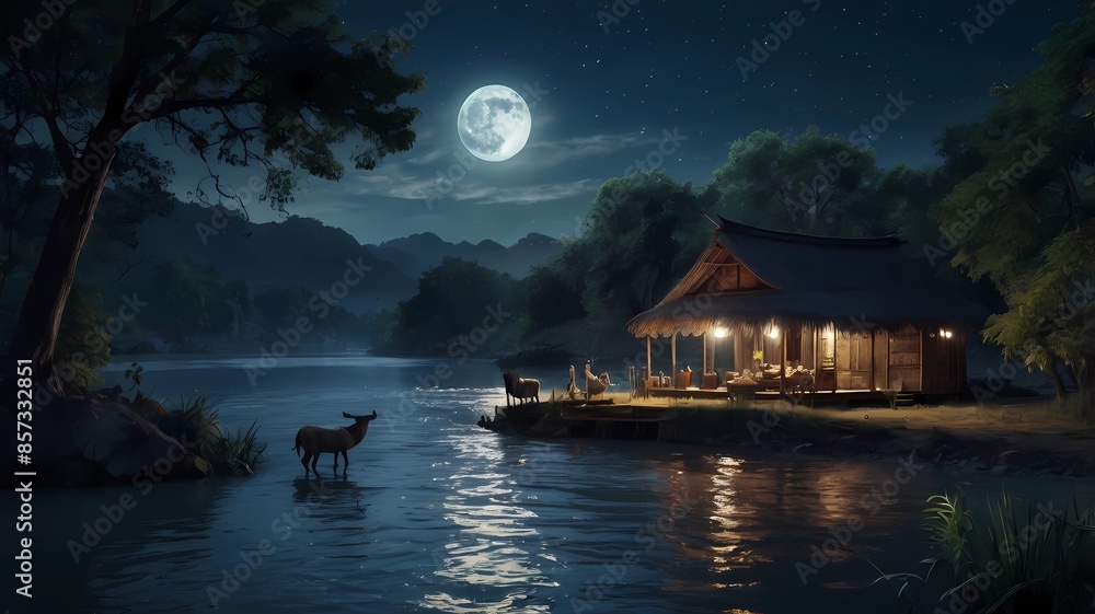 Fototapeta premium at night in a village, with various kinds of animals, humans, river, mountain, moon, beautiful glow, raft nuances and beautiful mountain views, Generative AI
