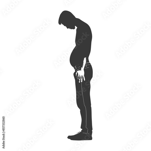 Silhouette of a man with poor posture, head down, and protruding belly.