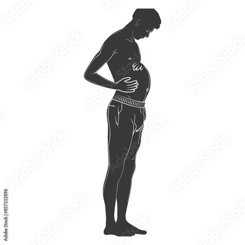 Silhouette of Overweight Man Looking Down, Holding Stomach, Isolated.