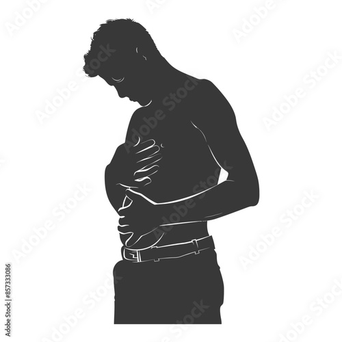 Silhouette: Man with Stomach Pain, Holding Abdomen, Unbuttoned Shirt, Belting Up.