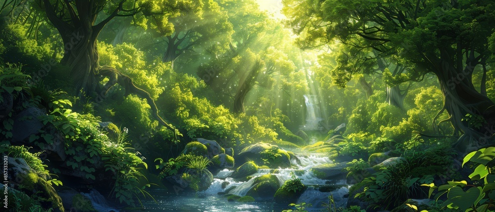Lush forest with a flowing stream and sunlit canopy Lush forest with a flowing stream and sunlit canopy