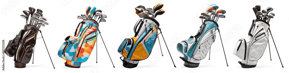 Set collection of various classic black leather and colorful textile golf bag isolated white background.