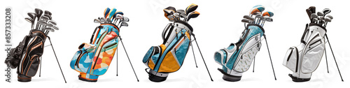 Obraz na płótnie Set collection of various classic black leather and colorful textile golf bag isolated white background. w salonie