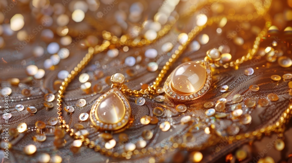 Elegant gold jewelry with precious stones on a luxurious fabric Elegant gold jewelry with precious stones on a luxurious fabric