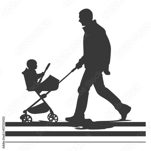 Silhouetted Stroll: Father Pushing Baby in Stroller on Striped Ground