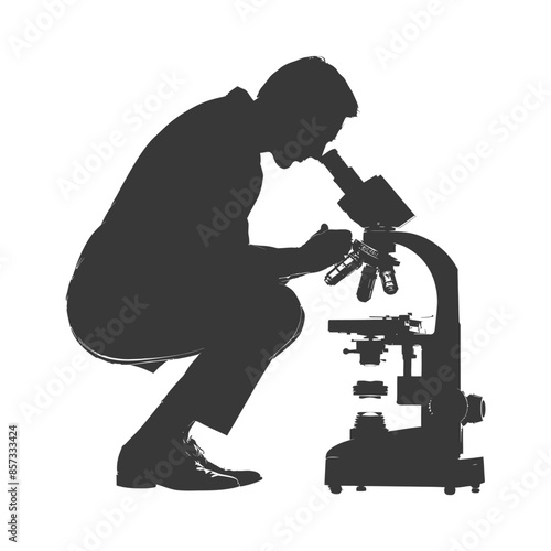 Silhouette of Squatting Scientist Peering into Microscope, Lab Research.