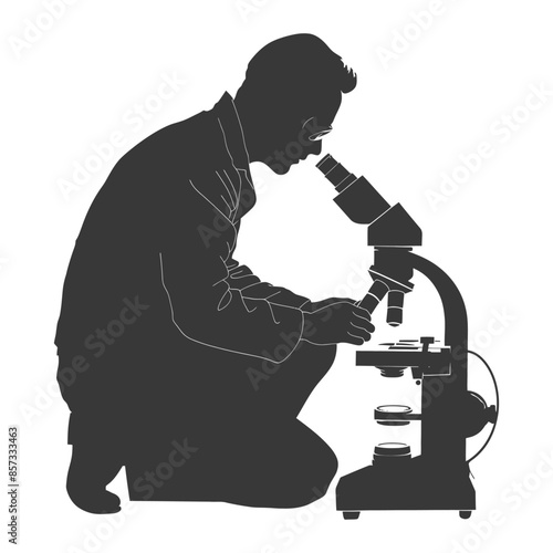 Silhouetted Scientist Squatting, Concentrating on Microscope Examination.