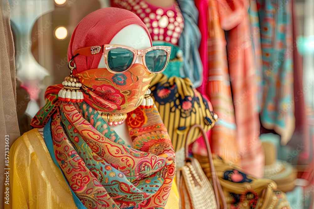 Fototapeta premium Mannequin wearing colorful clothing and face mask in a retail store