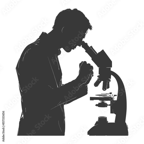 Silhouetted scientist peering into microscope, hands clasped in focus, isolated on white.