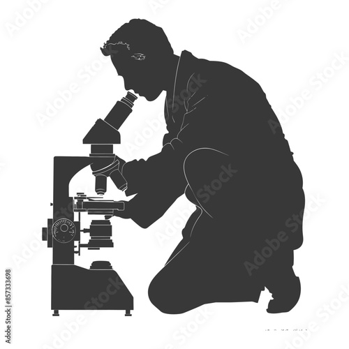 Silhouette Scientist Squatting, Examining Microscope, Isolated White Background.