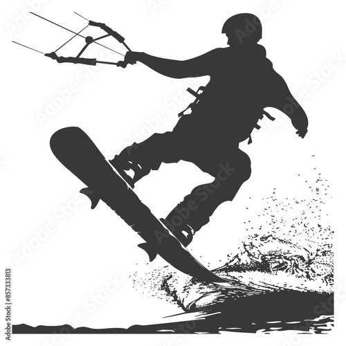 Kitesurfing Silhouette: Airborne Rider with Spray, Extreme Snowboard Stunt.