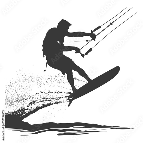 Kitesurfer Silhouette: Action Jump, Water Spray, Minimalist Graphic, Extreme Sport.