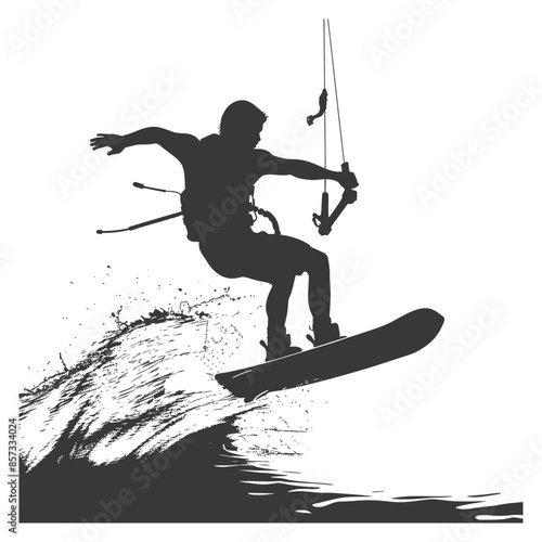 Kitesurfer Silhouette: Extreme Air, Water Splash, Action Sport, White Background