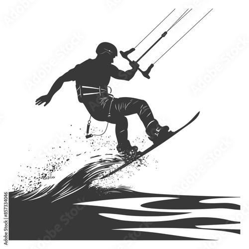 Kitesurfer Silhouette: Extreme Water Sport Action, Wave Spray, Isolated Vector.