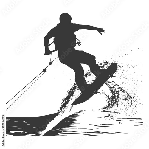 Wakeboarder Silhouette: High Jump, Water Spray, Extreme Sport, Black and White Illustration.