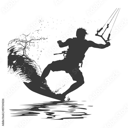 Kiteboarder Silhouette: Water Splash, Extreme Sport, Graphic Vector Art.