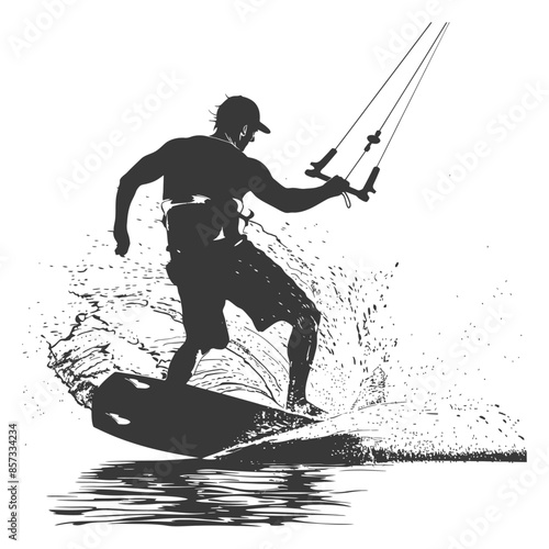 Kitesurfer Silhouette: Water Splash, Action Stance, Extreme Sport Vector.