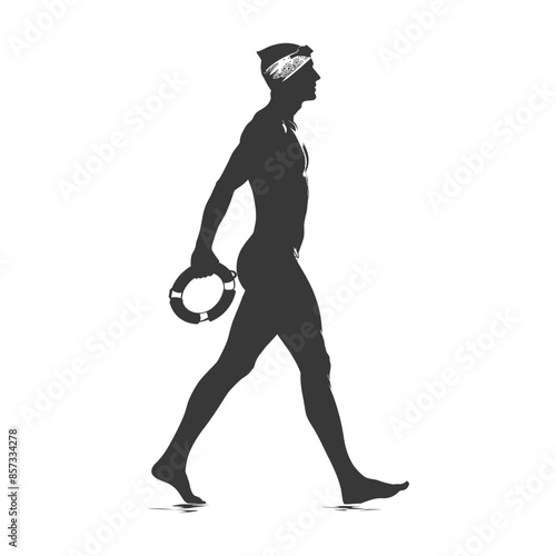 Silhouette of a lifeguard walking with life preserver.