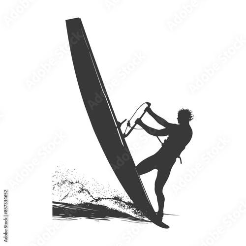 silhouette man windsurfing athlete in action full body black color only