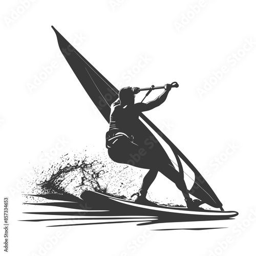 silhouette man windsurfing athlete in action full body black color only