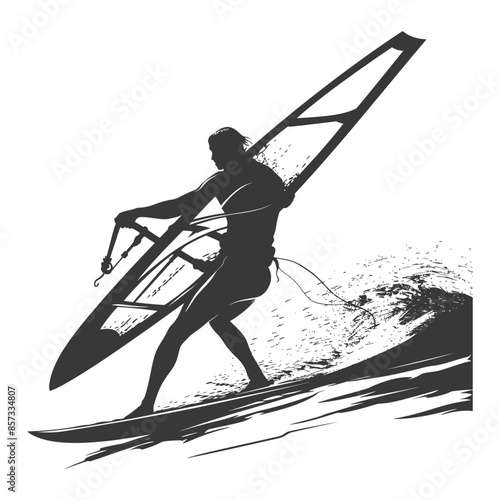 silhouette man windsurfing athlete in action full body black color only