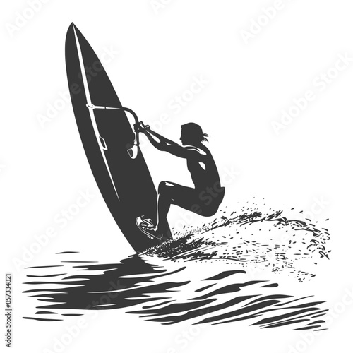 silhouette man windsurfing athlete in action full body black color only