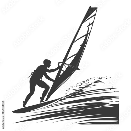 silhouette man windsurfing athlete in action full body black color only