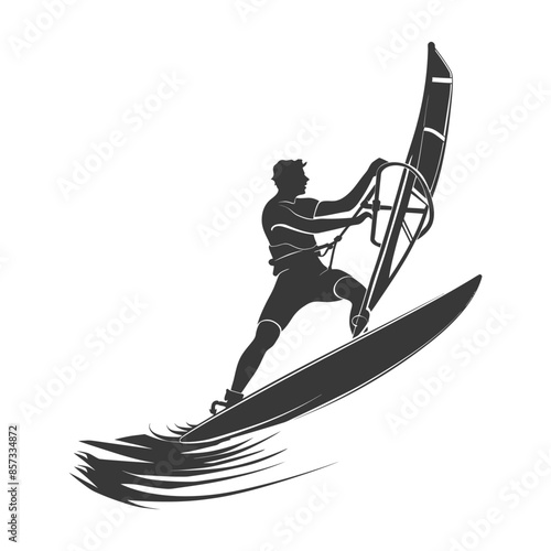 silhouette man windsurfing athlete in action full body black color only