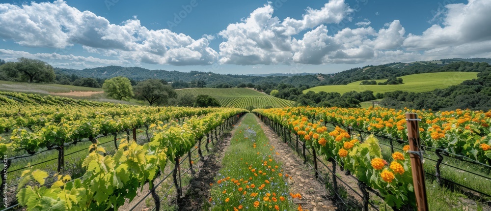 Naklejka premium Lush vineyard in full bloom under a sunny sky