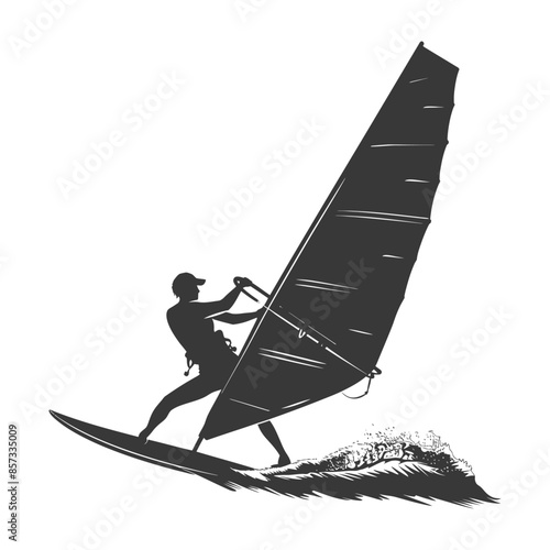 silhouette man windsurfing athlete in action full body black color only